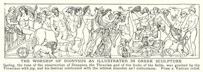 De aanbidding van Dionysus zoals geïllustreerd in Griekse beeldhouwkunst (litho) door English School