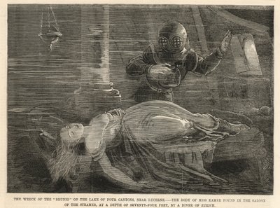 Het wrak van de Brunig op het Vierkantonsmeer (gravure) door English School