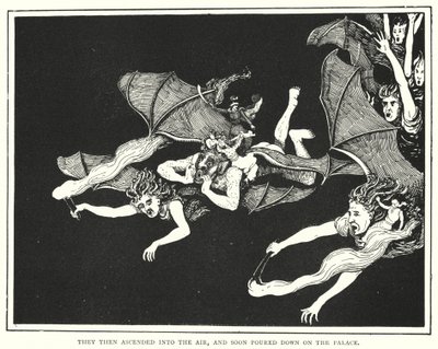Ze stegen toen op in de lucht en stortten al snel neer op het paleis (gravure) door English School