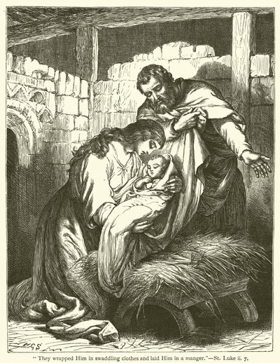"Ze wikkelden Hem in doeken en legden Hem in een kribbe", Lucas, ii, 7 (gravure) door English School