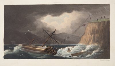 "Dingen geprobeerd nog", Milton, detail van frontispice uit "De Aeropleustische Kunst, of Navigatie in de Lucht, door het Gebruik van Vliegers, of Drijvende Zeilen, uitgegeven 1827 (handgekleurde aquatint) door English School