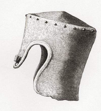 Dertiende eeuws Cilindrische Platte Helm met Neusbeschermer, opgegraven bij Montgomery Castle in 1841, uit The British Army: Its Origins, Progress and Equipment, gepubliceerd 1868. door English School