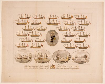 Deze plaat wordt gesponsord door burggraaf Nelson, hertog van Bronte, die heeft bijgedragen aan de verovering van 26 schepen van de vijandelijke linie in de oorlog van 1793 tot 1805 (gekleurde gravure) door English School