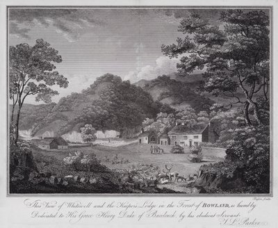 Dit Uitzicht op Whitewell en de Jagershut in het Bos van Bowland, is nederig opgedragen aan Zijne Genade Henry Hertog van Buccleuch, door zijn gehoorzame Dienaar J L Parker door English School