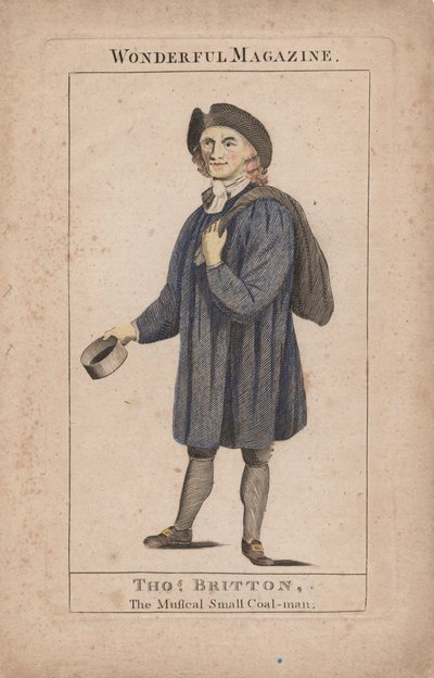 Thomas Britton: De Muzikale Kleine Kolenman, illustratie uit Wonderful Magazine, ca. 1764 (handgekleurde gravure) door English School