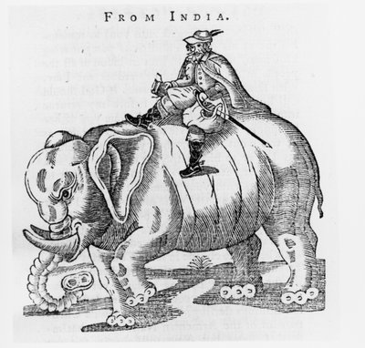 Thomas Coryate (ca. 1577-1617) op een olifant, uit Brieven uit India in Coryats Crudities, Deel 3, gepubliceerd 1776 door English School