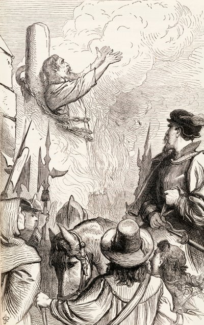 Thomas Hawkes verbrand op de brandstapel tijdens de Marian Persecuties, ca. 1865 door English School