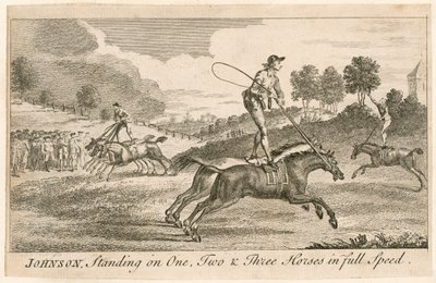 Thomas Johnson staand op één, twee en drie paarden in volle vaart door English School