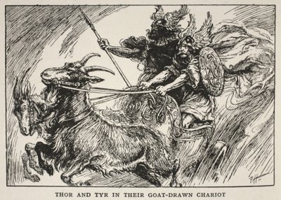 Thor en Tyr in hun door geiten getrokken wagen door English School