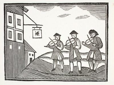 Drie Fiddlers in Thames Street, die een bruidegom speelden in de ochtend, die hen niets te drinken gaf, illustratie uit Chap-books van de Achttiende Eeuw door John Ashton, uitgegeven 1882 door English School