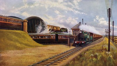 Drie London en South Western Railway sneltreinen bij Battledown Junction, Hampshire door English School