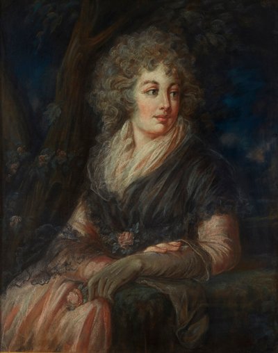 Driekwart lengte portret van een dame in achttiende-eeuwse kleding door English School