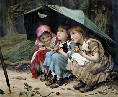 Drie kleine kittens (meisjes en kittens die onder een paraplu kruipen) - Engelse chromolithografie door English School