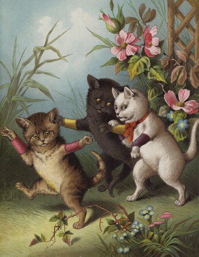 Drie kleine katjes in een tuin door English School