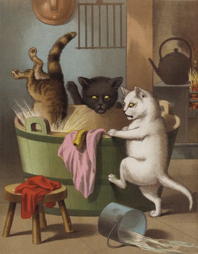 Drie kleine kittens spelen met een waskuip door English School