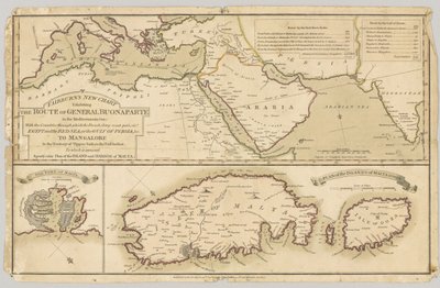 Drie gedrukte gekleurde kaarten: Fairburns nieuwe kaart met de route van generaal Bonaparte in de Middellandse Zee, 1798 door English School