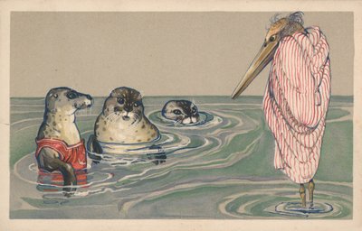 Drie zeehonden kijken naar een pelikaan die in een handdoek is gewikkeld door English School