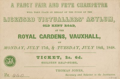 Ticket voor een Fancy Fair en Fete Champetre in de Koninklijke Tuinen, Vauxhall, Londen door English School