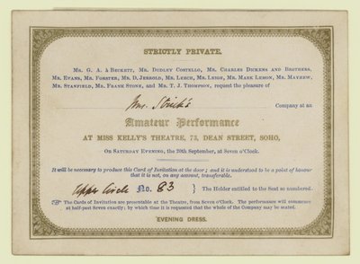 Ticket voor Charles Dickens amateur toneelvoorstelling, 1845 door English School