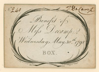 Ticket voor Drury Lane Theatre, Londen: Voordeel van Miss Decamp, 30 mei 1798 door English School