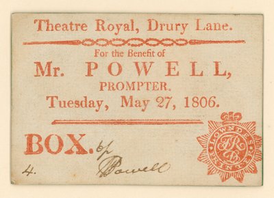 Ticket voor Drury Lane Theatre, Londen: Voor het voordeel van Mr. Powell, souffleur, 27 mei 1806 door English School