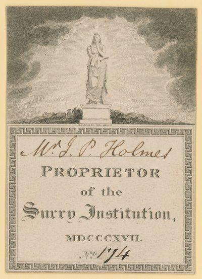 Ticket voor Eigenaar van het Surrey Instituut, gedateerd 1817 door English School