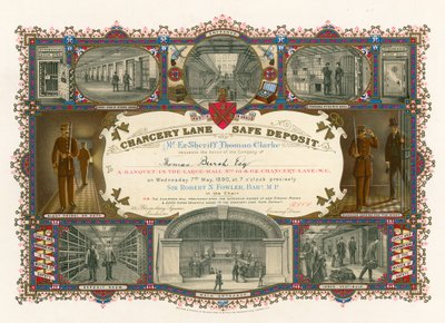 Ticket voor een banket in de grote zaal van de Chancery Lane Safe Deposit, 61-62 Chancery Lane, Londen door English School