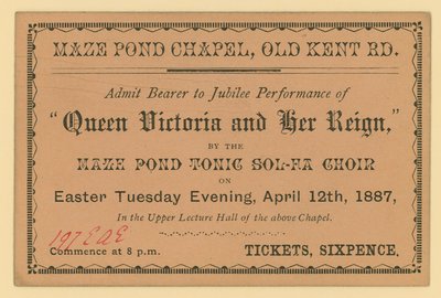 Ticket voor een uitvoering van Queen Victoria and Her Reign door English School