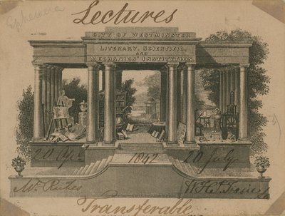 Ticket voor lezingen bij het City of Westminster Literair, Wetenschappelijk en Mechanisch Instituut door English School