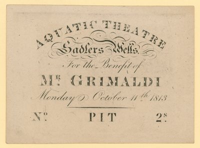 Kaartje voor het Aquatic Theatre, ten behoeve van Mr. Grimaldi, 11 oktober 1813 door English School