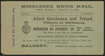 Ticket voor het Middlesex Music Hall, The Mogul, Drury Lane, Londen door English School