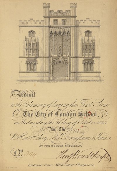 Ticket voor het leggen van de eerste steen van de City of London School, 21 oktober 1835 door English School