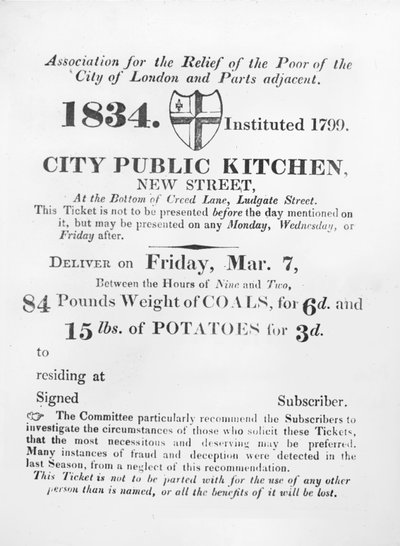 Ticket uitgegeven aan de armen om kolen en aardappelen te ontvangen van de Stadskeuken, New Street, Londen, 1834 door English School