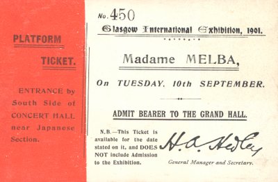 Ticket voor Nellie Melba op de Glasgow International Exhibition, 1901 door English School