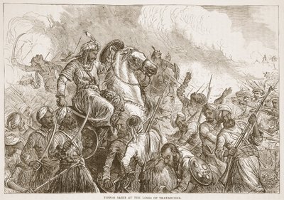 Tippoo Sahib bij de linies van Travancore, illustratie uit Cassells Geïllustreerde Geschiedenis van India door James Grant, uitgegeven 1879 door English School