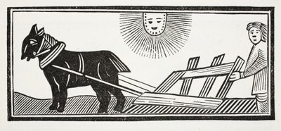 Het is een Ploeg die de ingewanden van de Aarde omwoelt voor het zaaien van Graan, illustratie uit Chap-books van de Achttiende Eeuw door John Ashton, uitgegeven 1882 door English School
