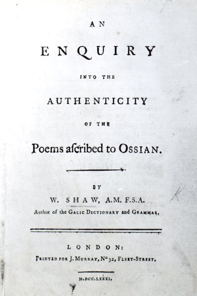 Titelpagina voor An enquiry into the authenticity of the poems ascribed to Ossian door William Shaw, gepubliceerd 1781 door English School