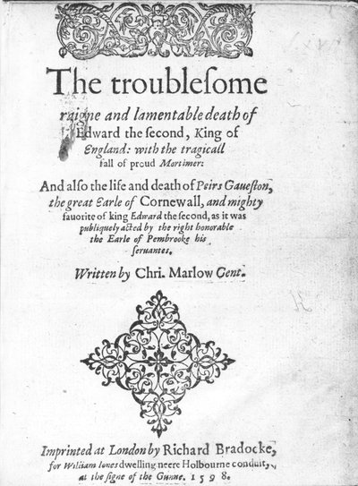 Titelpagina voor Edward II door Christopher Marlowe, gepubliceerd 1598 door English School