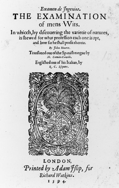 Titelpagina voor The Examination of mens Wits door Juan Huarte, gepubliceerd 1594 (gedrukt papier) door English School