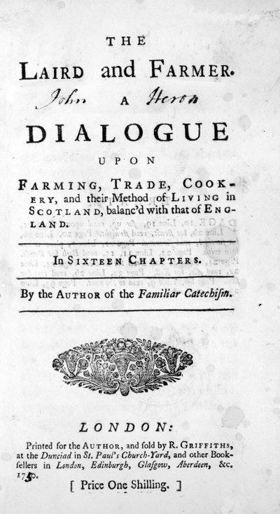 Titelpagina voor The Laird and Farmer door de auteur van de Familiar Catechism, gepubliceerd 1750 door English School