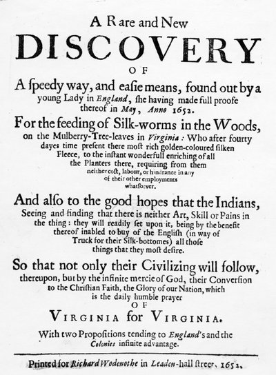 Titelpagina voor The Reformed Virginian Silk-Worm door Samuel Hartlib, gepubliceerd 1652 door English School