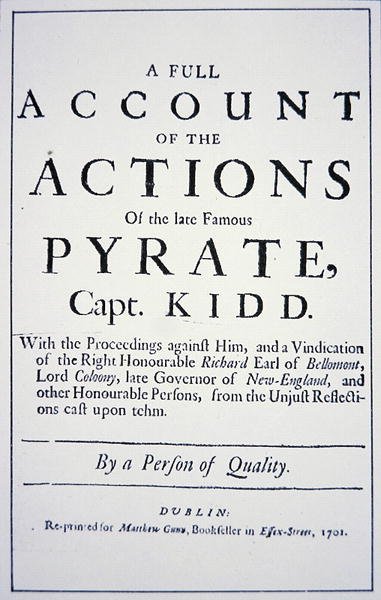 Titelpagina van een leven van de piratenkapitein William Kidd, gepubliceerd in Londen in 1701 door English School