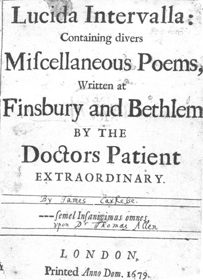 Titelpagina van Lucida Intervalla door James Carkesse, gepubliceerd 1679 (gedrukt papier) door English School