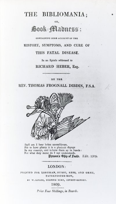 Titelpagina van The Bibliomania door Rev. Thomas Frognall Dibdin, gepubliceerd 1809 (gedrukt papier) door English School