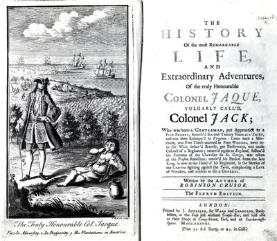 Titelpagina en Frontispice voor The History of the most Remarkable Life and Extraordinary Adventures of the truly Honourable Colonel Jaque door Daniel Defoe, 1738 door English School