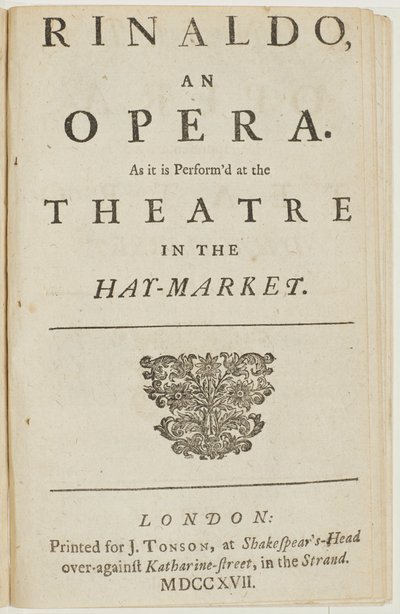 Titelpagina van het libretto van Händels opera "Rinaldo", door Giacomo Rossi, 1717 door English School