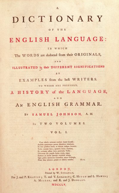 Titelpagina van Johnsons Dictionary of the Human Language, Londen, 1755 door English School