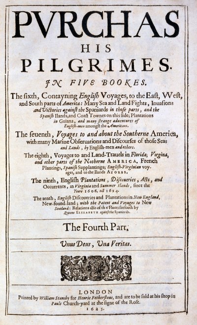 Titelpagina van Purchas zijn Pelgrims door Samuel Purchas, gepubliceerd in 1625 door English School