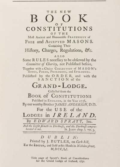 Titelpagina van Spratts Book of Constitutions voor de Grand Lodge in Ierland, 1751 door English School