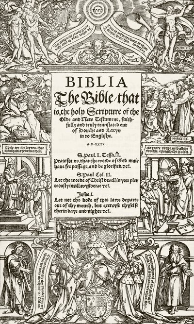 Titelpagina van de Coverdale Bijbel, gedrukt in 1535, uit The National and Domestic History of England door William Hickman Smith Aubrey (1858-1916) gepubliceerd in Londen, ca. 1890 door English School